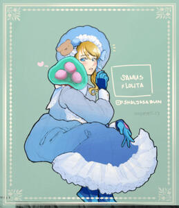 Samus Aran in a Lolita Coord, featuring Baby Metroid on her shoulder. A Kofi Member Reward.